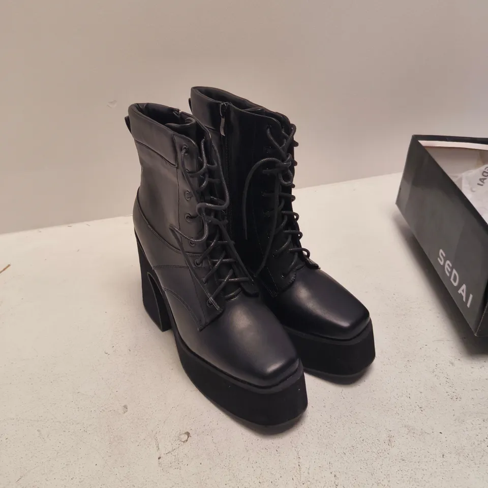 SEDAI WOMEN'S BLACK PU LACE-UP PLATFORM BOOTS, UK 8 (EU 41, US 10)