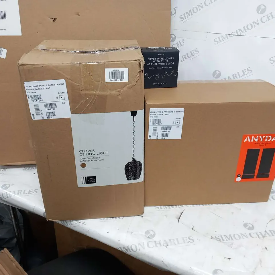 APPROXIMATELY 5 ITEMS OF ASSORTED JOHN LEWIS LIGHTING TO INCLUDE; TAMEO 3 LIGHT SEMI FLUSH, BOYD 6 LIGHT LED SEMI FLUSH, CLOVER CEILING LIGHT, MITCH TOUCH LAMP SET OF TWO AND SILVER WIRE LIGHTS