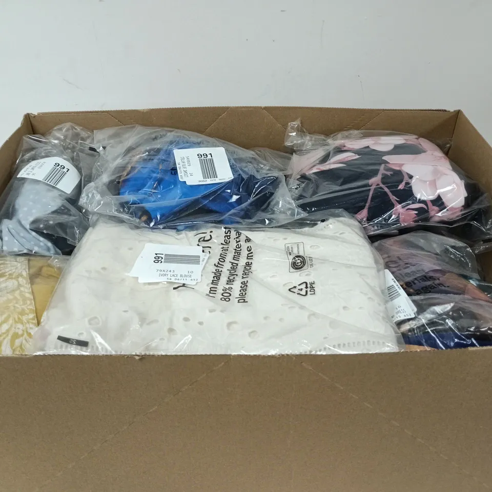 BOX OF APPROXIMATELY 20 ASSORTED CLOTHING ITEMS OF VARIOUS STYLES AND SIZES TO INCLUDE STELLAR BLUE SWIMSUIT, IVORY LACE BLOUSE, DARK BLUE T SHIRT ETC