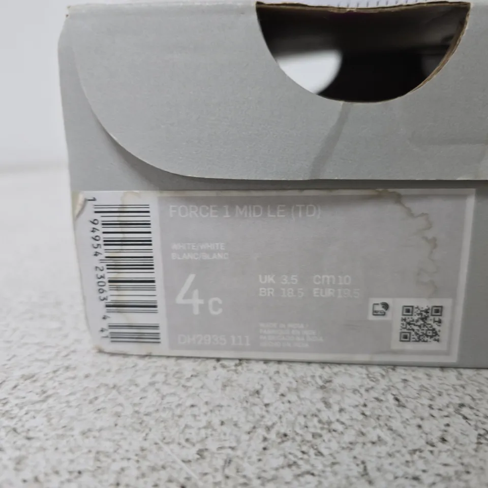 BOXED PAIR OF NIKE FORCE 1 MID TD TODDLER SNEAKERS – WHITE, UK 3.5