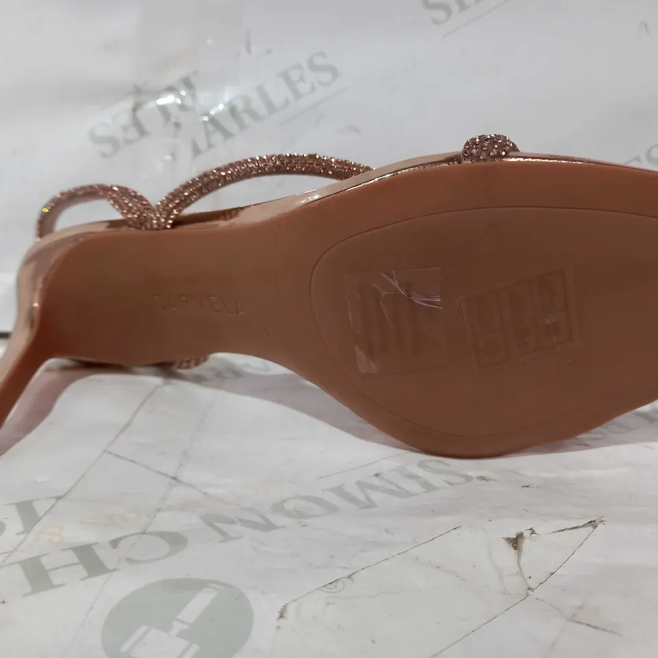 BOXED PAIR OF CARVELA STILETTO SANDAL HEELS IN ROSE GOLD COLOUR WITH JEWEL EFFECT EU SIZE 41