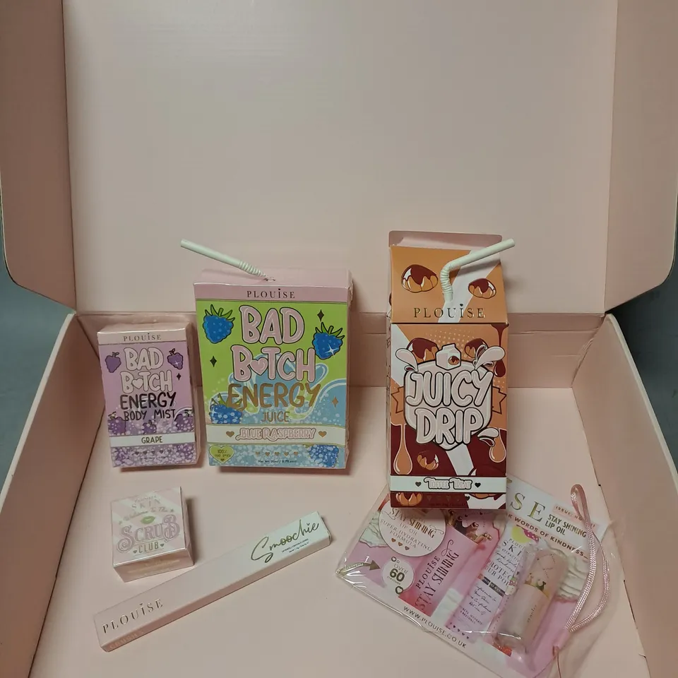 BOX OF APPROXIMATELY 6 ASSORTED PLOUISE COSMETIC PRODUCTS TO INCLUDE - JUICY DRIP TOFFEE TREAT LIP CARE DUO - SCRUB CLUP LIP EXFOLIATOR - GRAPE BODY MIST - ETC