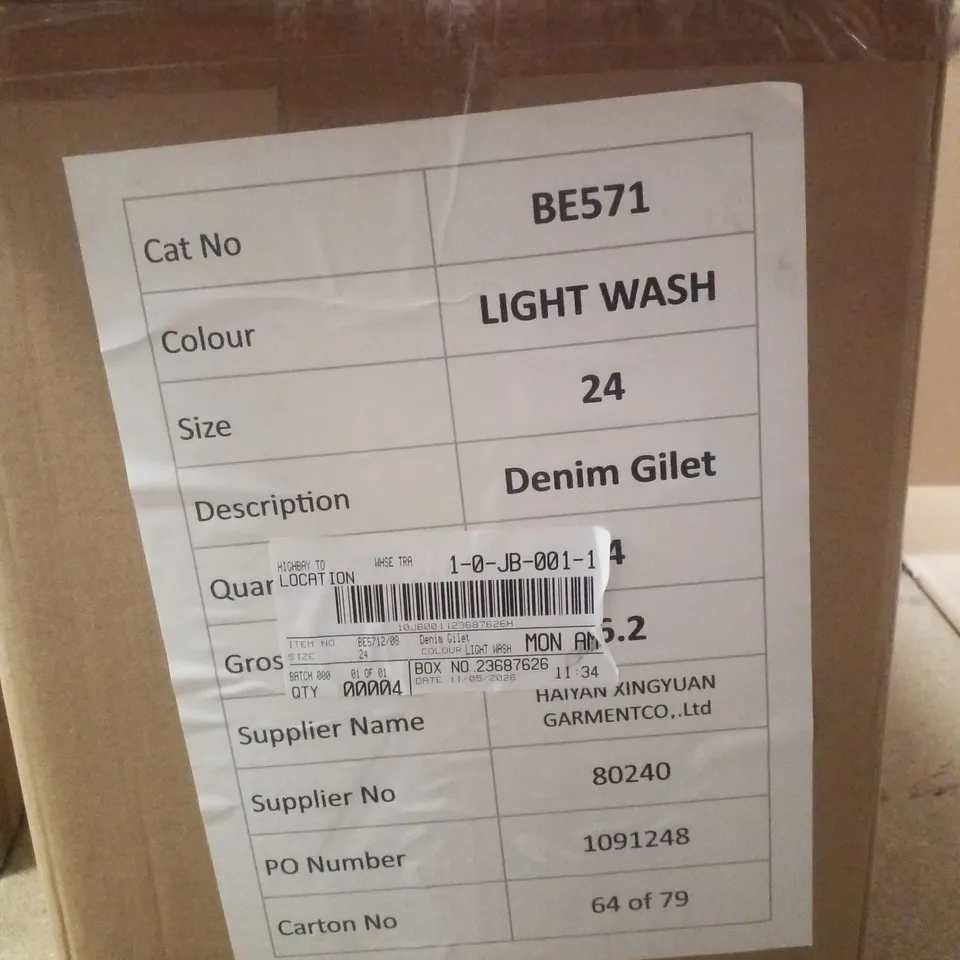 BOX CONTAINING APPROXIMATELY 4 BRAND NEW SIMPLY BE BLUE REGULAR SLEEVELESS DENIM GILETS - SIZE 24