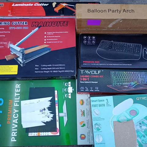 PALLET OF ASSORTED HOUSEHOLD ITEMS TO INCLUDE FLOORING CUTTER, FOOT BATH AND BALLOON PARTY ARCH