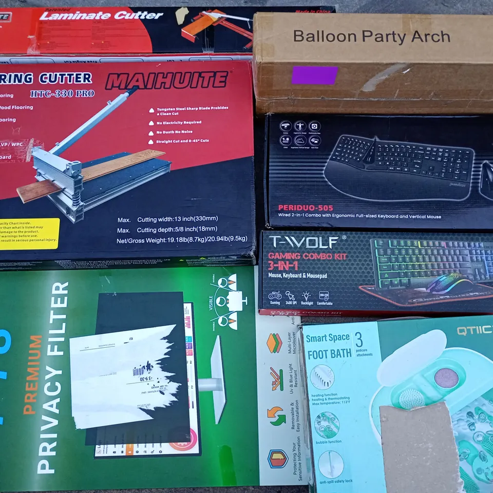 PALLET OF ASSORTED HOUSEHOLD ITEMS TO INCLUDE FLOORING CUTTER, FOOT BATH AND BALLOON PARTY ARCH