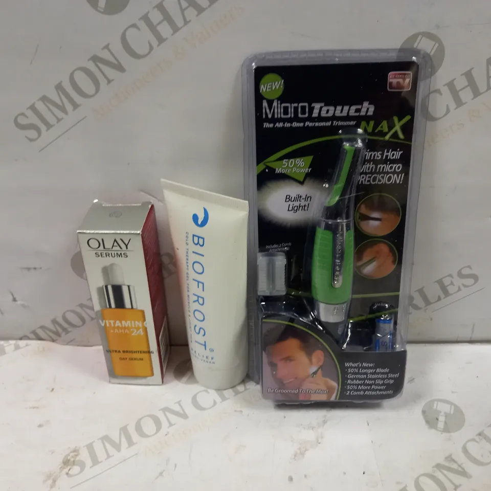 LOT OF APPROXIMATELY 20 COSMETICS ITEMS TO INCLUDE BIOFROST COLD THERAPY GEL, OLAY SERUMS VITAMIN C +AHA 24 HOUR, MICROTOUCH ALL IN ONE PERSONAL TRIMMER, ETC