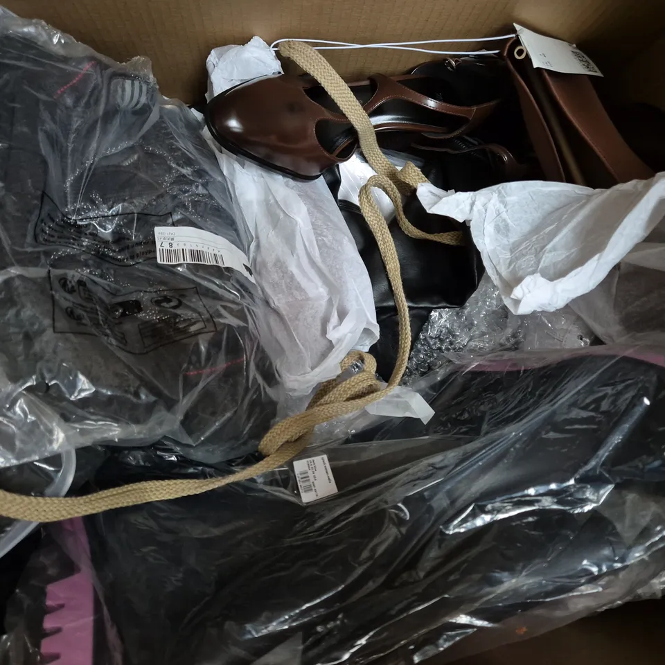 BOX OF APPROXIMATELY 10 ASSORTED PAIRS OF SHOES AND FOOTWEAR ITEMS IN VARIOUS COLOURS, STYLES, AND SIZES - COLLECTION ONLY