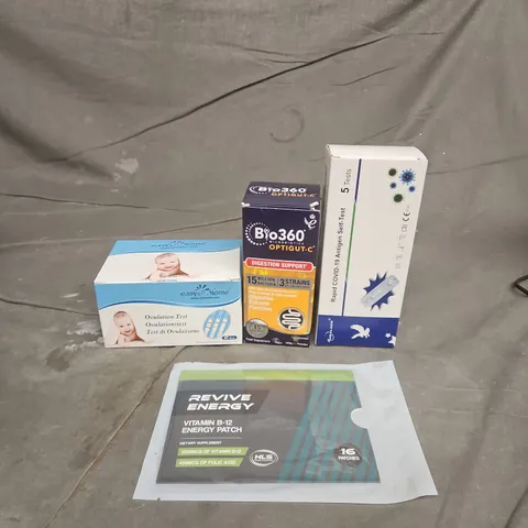TOTE OF APPROXIMATELY 20 ASSORTED HEALTHCARE PRODUCTS TO INCLUDE COVID SELF TESTS - REVIVE ENERGY PATCHES AND EASY AT HOME OVULATION TESTS