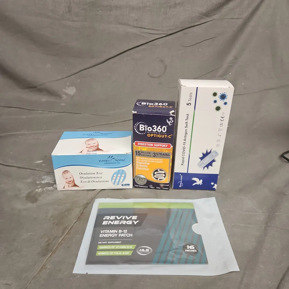 TOTE OF APPROXIMATELY 20 ASSORTED HEALTHCARE PRODUCTS TO INCLUDE COVID SELF TESTS - REVIVE ENERGY PATCHES AND EASY AT HOME OVULATION TESTS