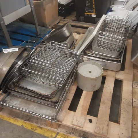 PALLET CONTAINING A LARGE QUANTITY OF CATERING EQUIPMENT INCLUDING: POTS/PANS, KITCHEN TRAYS ECT
