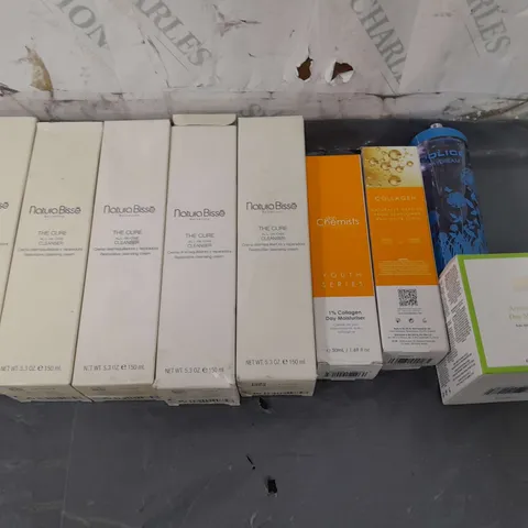 APPROXIMATELY 8 COSMETICS TO INCLUDE NATURABISSE THE CURE CLEANSER, POLICE DAYDREAM, AND SKIN CHEMIST YOUTH SERIES ETC.