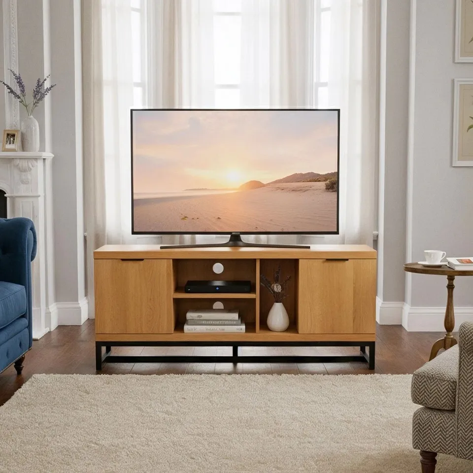 BOXED WIDE-SCREEN TV UNIT WITH SHELVES OAK