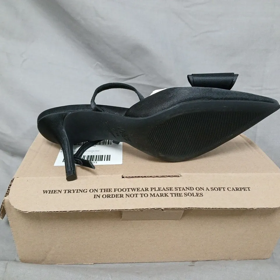 NEW LOOK COMFORT WOMEN'S BLACK SATIN BOW SANDAL WITH RHINESTONE – HIGH HEEL. UK SIZE 7