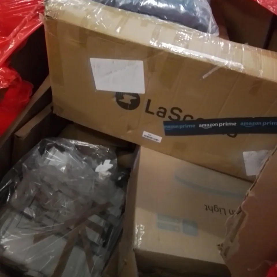 PALLET CONTAINING ASSORTED HOUSEHOLD & HOME IMPROVEMENT PRODUCTS. INCLUDES KIDS PLAY WORK BENCH, AIR MATTRESS, CEILING FANS WITH LIGHT, FURNITURE ETC