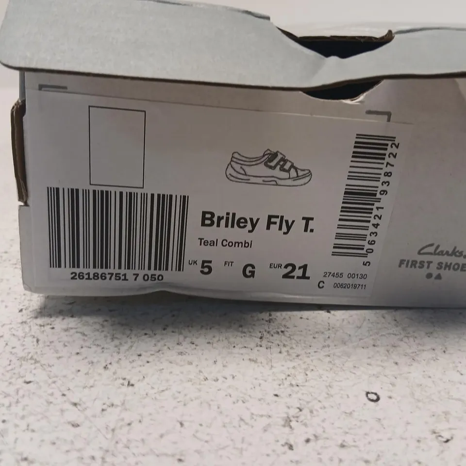 CLARKS BRILEY FLY T TEAL COMB TODDLER SHOES – UK 5 (EU 21) – BOXED