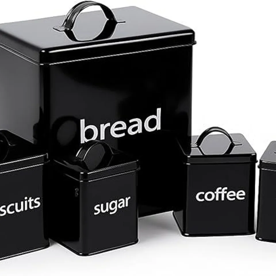 OYPLA 5 PIECE BLACK KITCHEN CANISTER STORAGE TIN SET BREAD BISCUITS TEA SUGAR COFFEE
