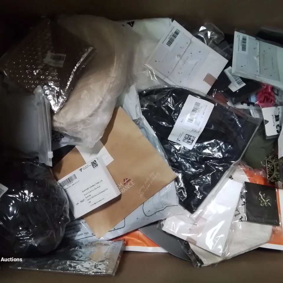 BOX CONTAINING LARGE AMOUNT OF MIXED FASHION ITEMS, SILVER PLATE AND COSTUME JEWELLERY, CLOTHING ITEMS ETC.