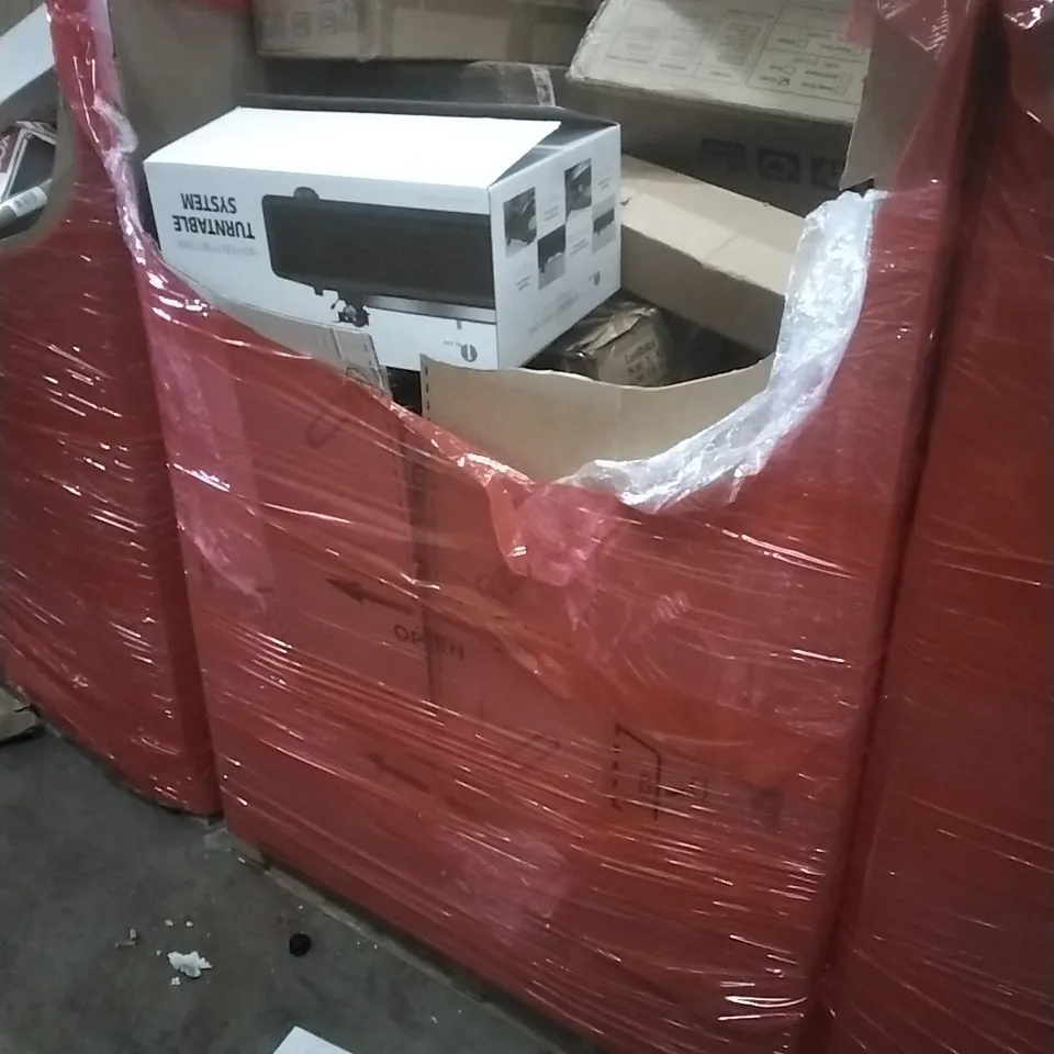 PALLET OF ASSORTED HOUSEHOLD GOODS AND PRODUCTS TO INCLUDE; TURNTABLE SYSTEM, AIR COOLER, BOXED FURNITURE ETC