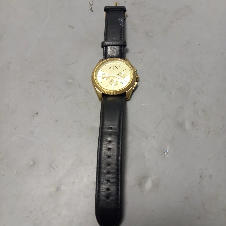 ARMANI EXCHANGE STAINLESS STEEL WATCH IN GOLD AND BLACK LEATHER