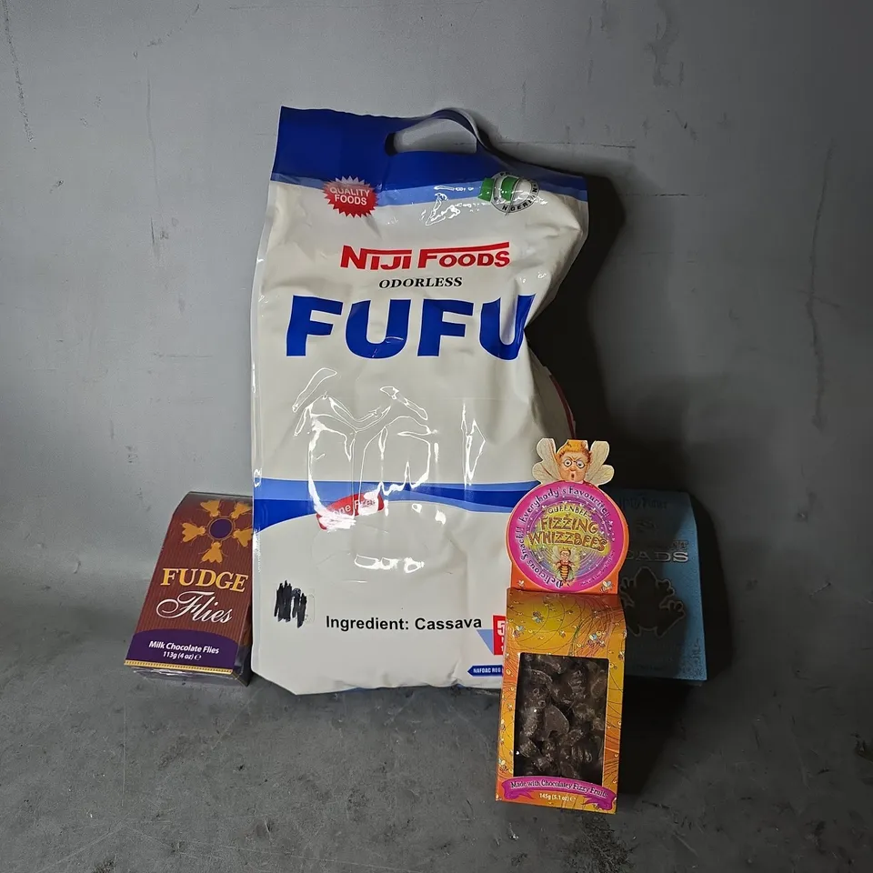 APPROXIMATELY 8 ASSORTED FOOD ITEMS TO INCLUDE - HARRY POTTER TOADS  , FUDGE FLIES ETC