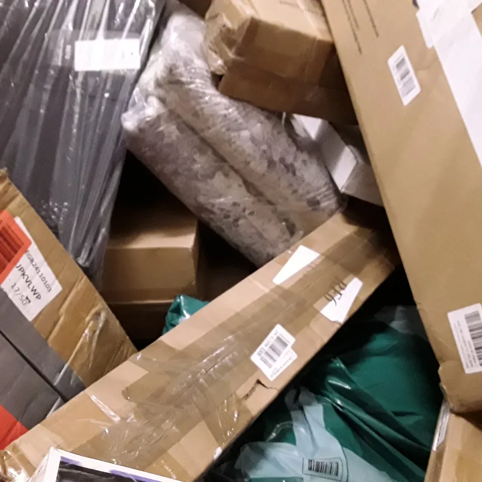 PALLET OF ASSORTED PRODUCTS INCLUDING CHILDREN'S BAGS, WORK SHELVES, RETRACTABLE GATES AND GARDEN ORNAMENT ECT
