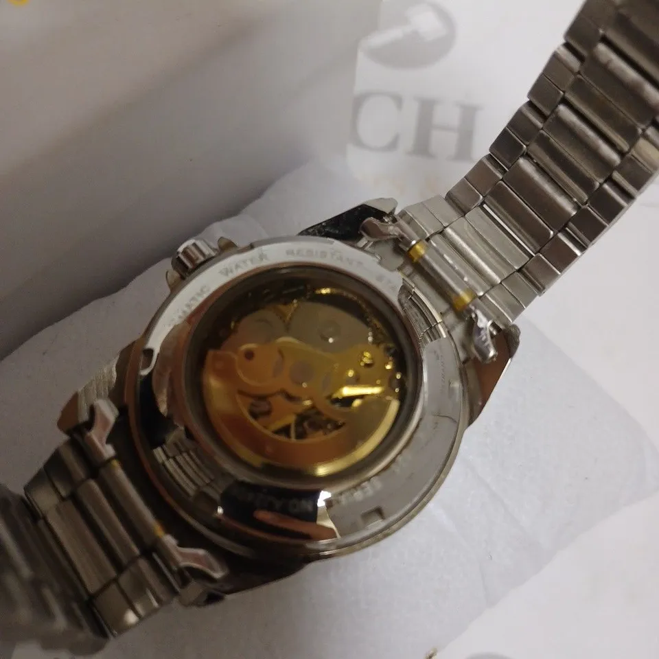 BOXED ANTHONY JAMES GENTS LIMITED EDITION SKELETON AUTOMATIC STAINLESS STEEL WATCH - GOLD
