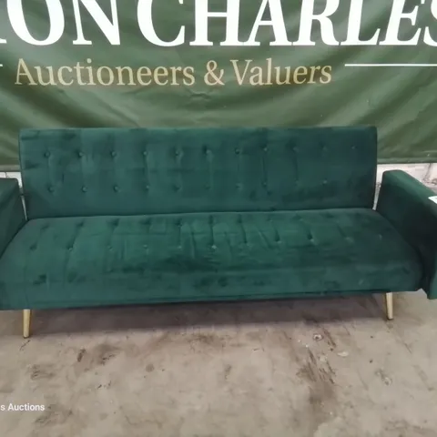 DESIGNER CLEMENTINE THREE SEATER CLIC CLAC SOFA BED BUTTONED GREEN PLUSH FABRIC
