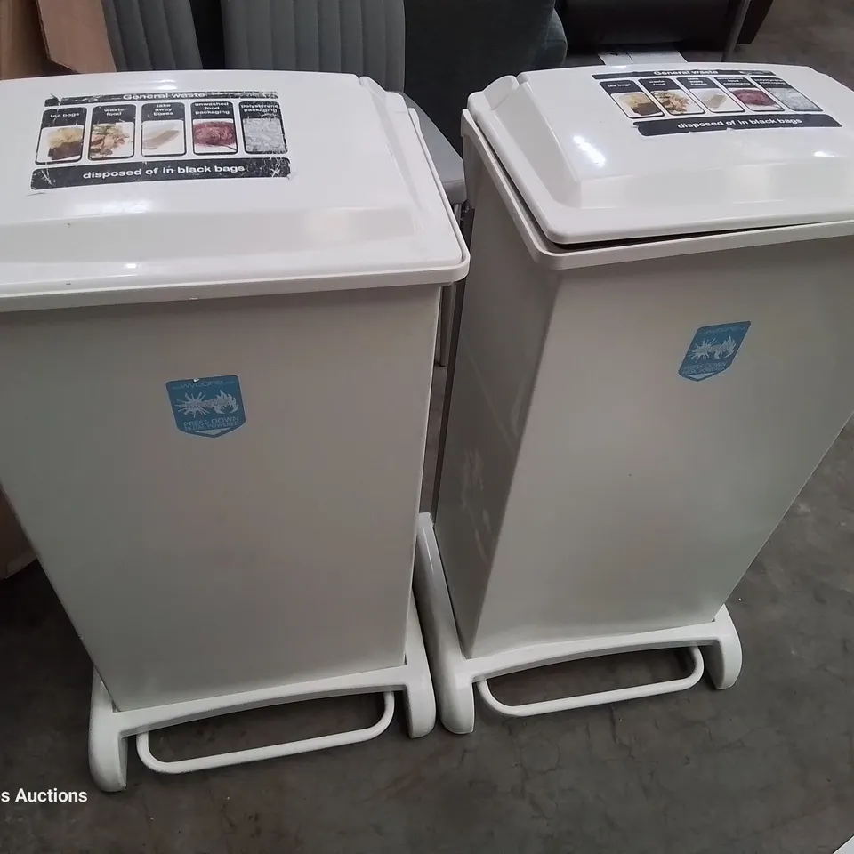 TWO WYBONE METAL PEDAL BINS WHITE