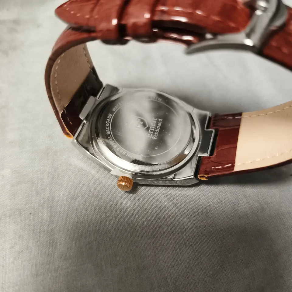 ERNEST FERDINAND WATCH – DAY DATE CALENDAR DIAL – BROWN LEATHER STRAP – 3ATM WATER RESISTANT