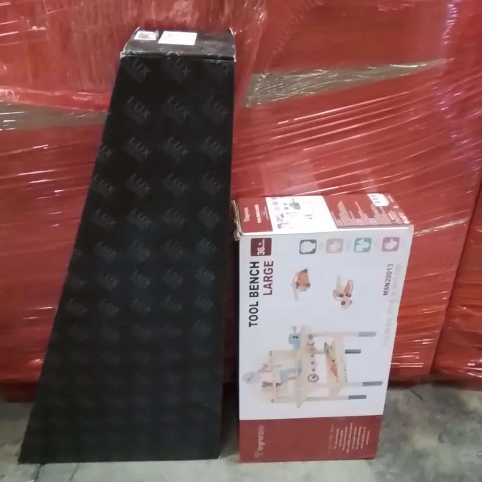 PALLET OF ASSORTED HOUSEHOLD GOODS AND PRODUCTS TO INCLUDE;KIDS TOOL BENCH,LUX WHIRLPOOL SHOWER FITTING