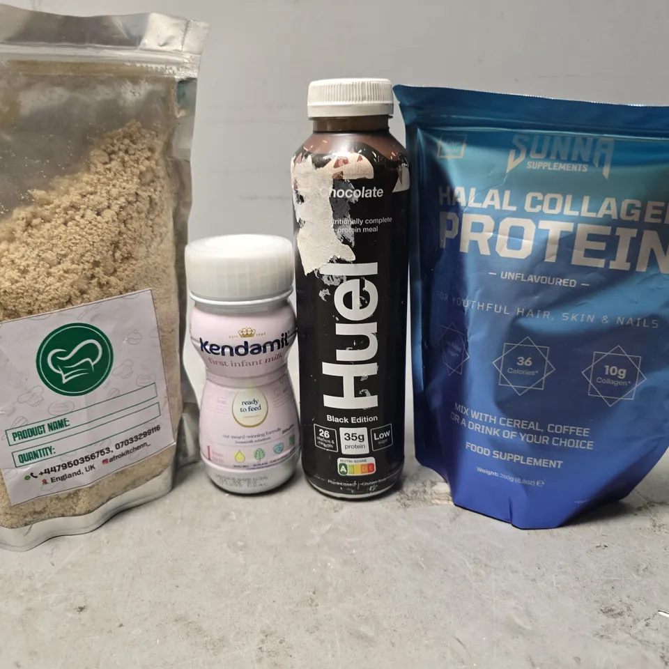 APPROXIMATELY 7 ASSORTED FOOD & DRINK ITEMS TO INCLUDE - HUEL CHOCOLATE , SUNNA HALAL COLLAGEN PROTEIN ETC