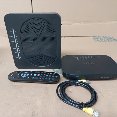 TOTE OF APPROXIMATELY 10 ASSORTED ITEMS TO INCLUDE SKY HUB, REMOTES, CABLE, POWER SUPPLIES ETC