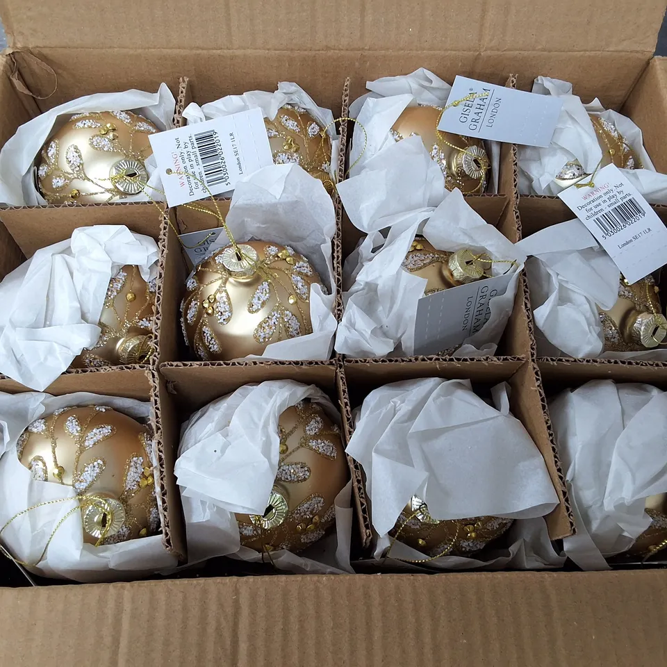 SET OF 12 GISELA GRAHAM DECORATIVE HANGING TREE DECORATIONS IN GOLD