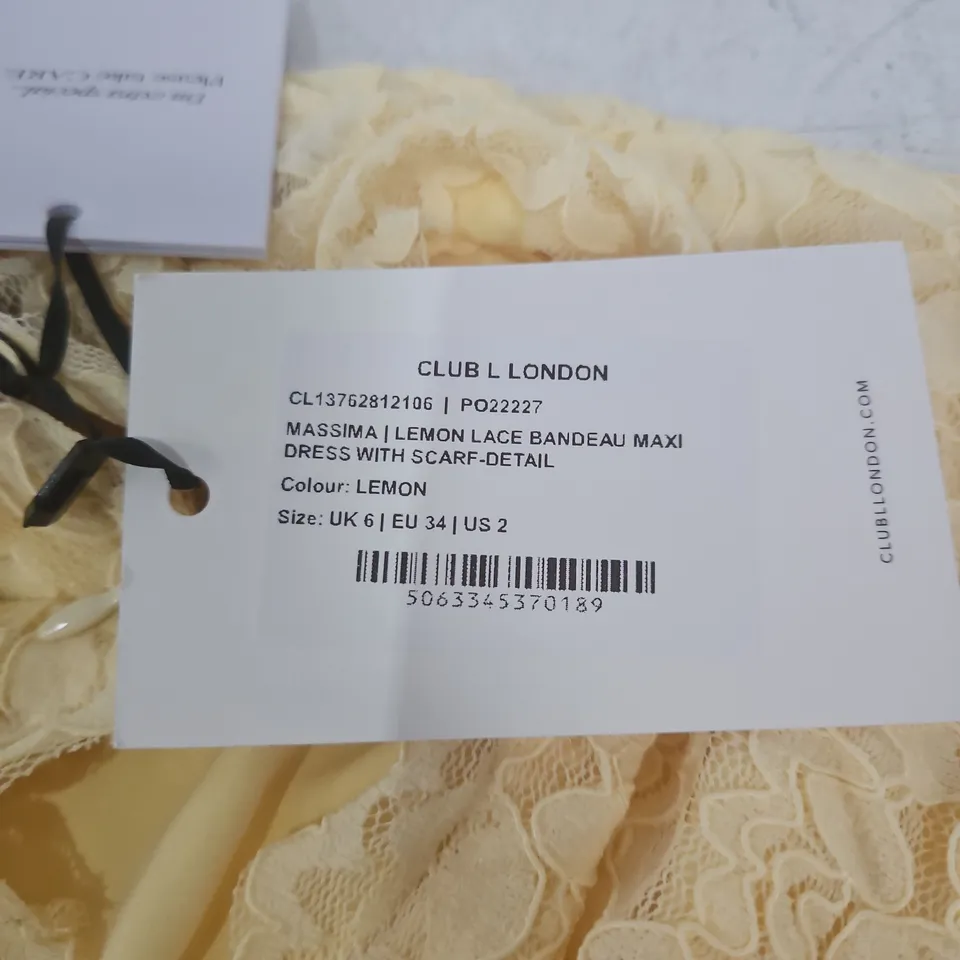 CLUB L LONDON LEMON LACE BANDEAU MAXI DRESS – UK 6