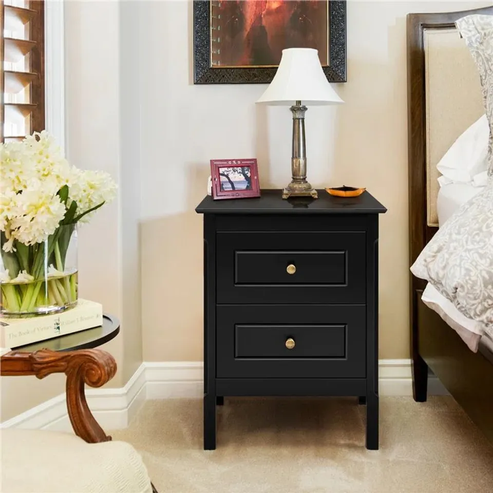BOXED 48CM W SOLID + MANUFACTURED WOOD BEDSIDE TABLE - BLACK (1 BOX)