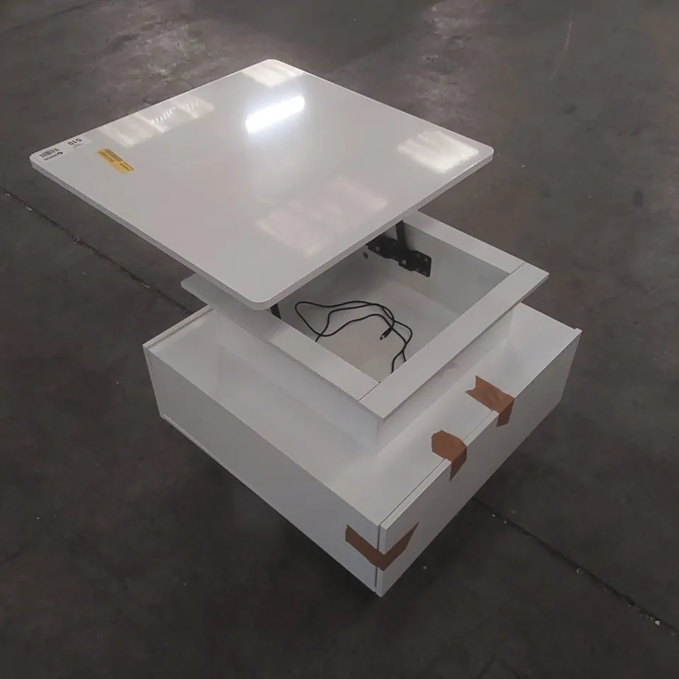 HIGH GLOSSY LIFT UP COFFEE TABLE WITH LED LIGHT STRING AND 2 DRAWERS, 60X60X45CM COLOUR: WHITE