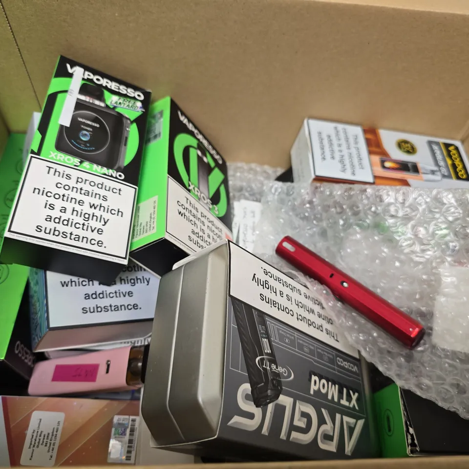 BOX OF APPROXIMATELY 15 ASSORTED E-CIGARETTES PRODUCTS TO INCLUDE - VAPORESSO , VOOPOO 