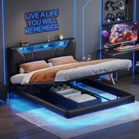 BOXED 160X200 CM BED WITH LED LIGHTING, STORAGE BED WITH USB PORT, HEIGHT-ADJUSTABLE HEADBOARD, DOUBLE BED, PU LEATHER, BLACK (2 BOXES)