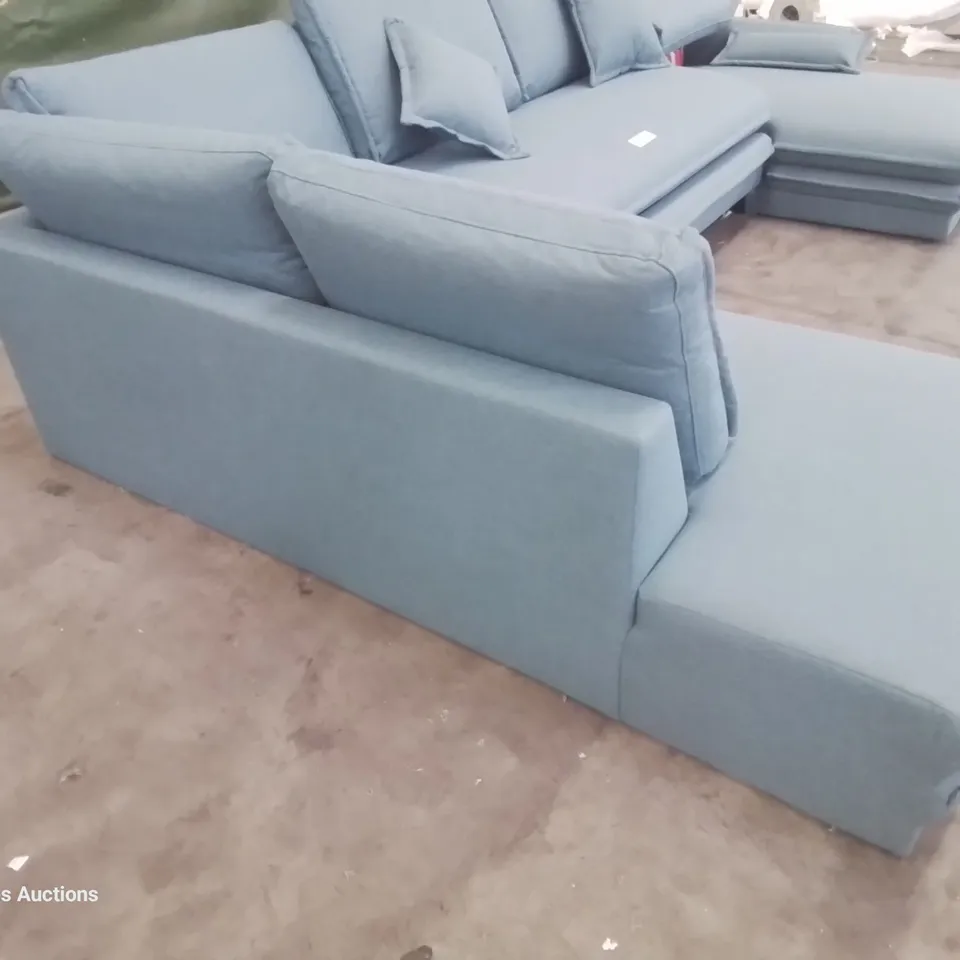 DESIGNER DOUBLE CHAISE SOFA WITH OTTOMAN STORAGE & PULL OUT BED BLUE FABRIC 