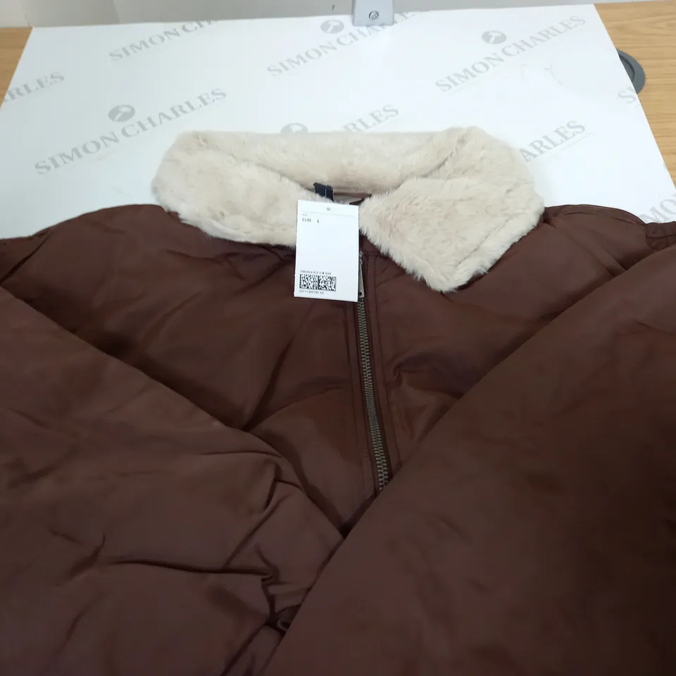 H&M DIVIDED FUR COLLARED JACKET IN BROWN EUR SIZE L