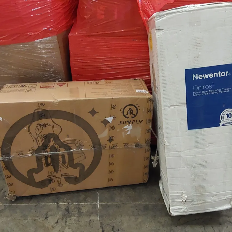 PALLET OF ASSORTED ITEMS INCLUDING: MATTRESS, GAMING CHAIR, SINGLE STORAGE BED