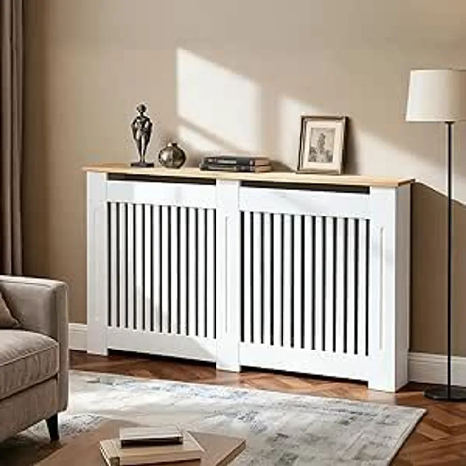 BOXED FATIVO LARGE RADIATOR COVER 90CM HEIGHT VERTICAL SLAT MDF WOOD-GRAIN TOP