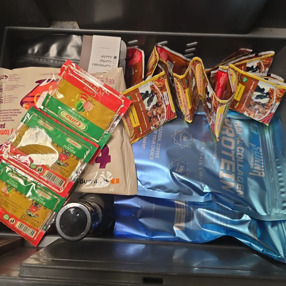 APPROXIMATELY 8 ASSORTED FOOD ITEMS TO INCLUDE - SUNNA HALA COLLAGEN PROTEIN , BULDAK HOT SAUCE ETC