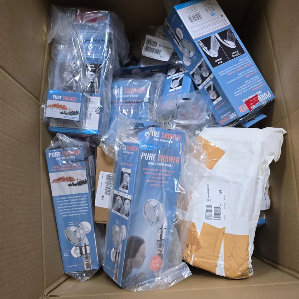 BOX OF APPROXIMATELY 20 ASSORTED ITEMS INCLUDING PURE SHOWER IONIC SHOWER HEAD , PURE SHOWER REPLACEMENT BEADS AND NUYOU MAKE UP FLIP LENS GLASSES