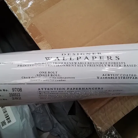 BOX CONTAINING LARGE AMOUNT OF DESIGNER WALLPAPER ROLLS