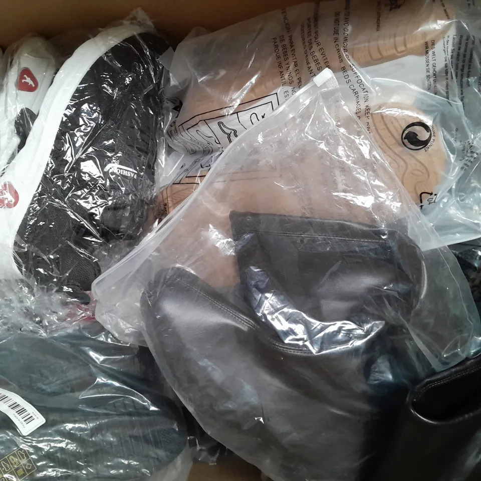 BOX OF APPROXIMATELY 15 ASSORTED PAIRS OF SHOES AND FOOTWEAR ITEMS IN VARIOUS COLOURS, STYLES, AND SIZES 