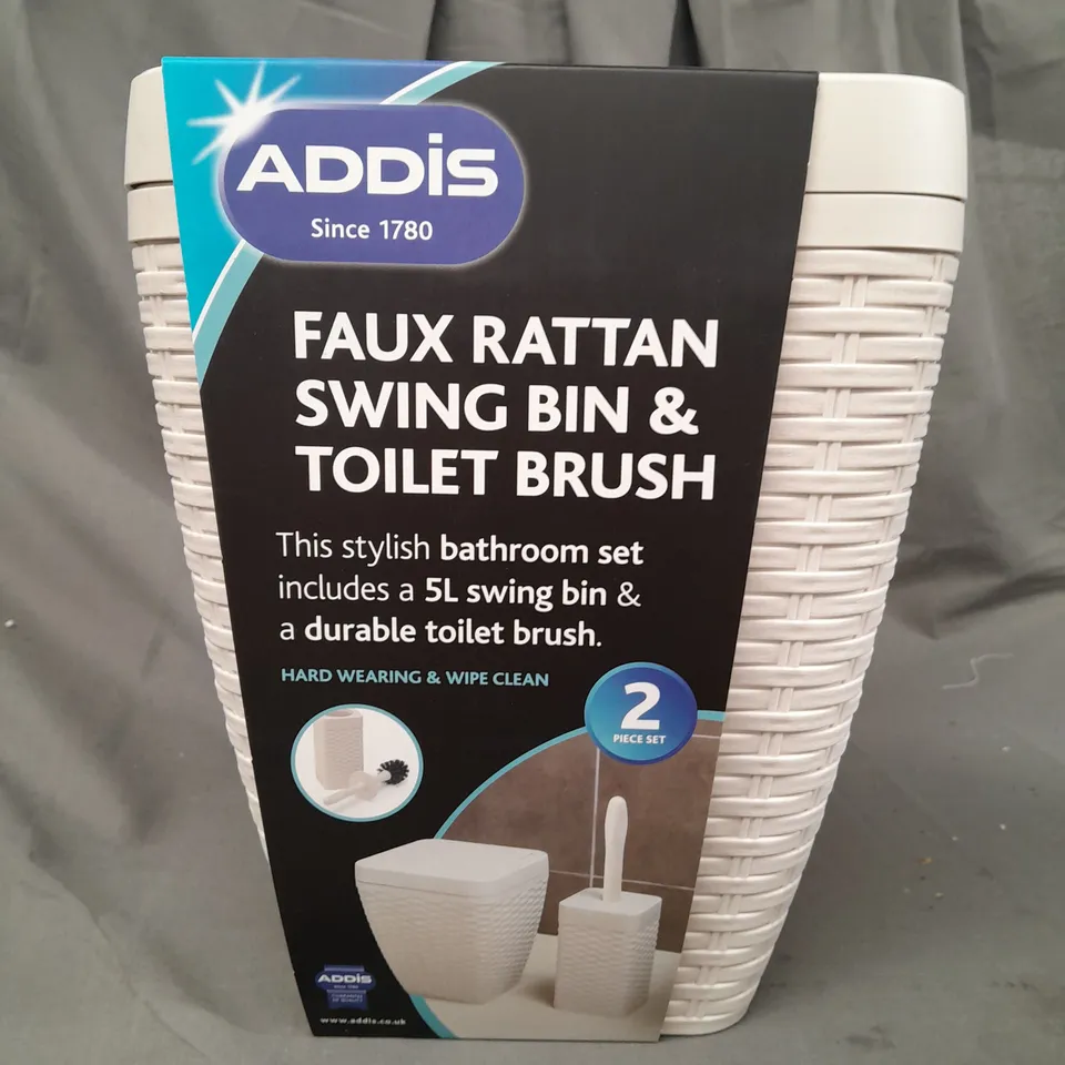 ADDIS FAUX RATTAN SWING BIN AND TOILET BRUSH SET RRP £25