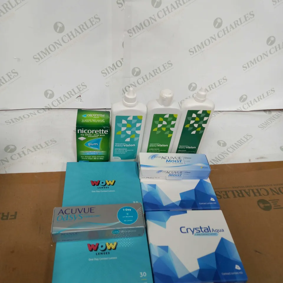 BOX OF ASSORTED MEDICAL APPLIANCES TOO INCLUDE NICORETTE PATCHES , EYE LENSES AND EYE DROPS 