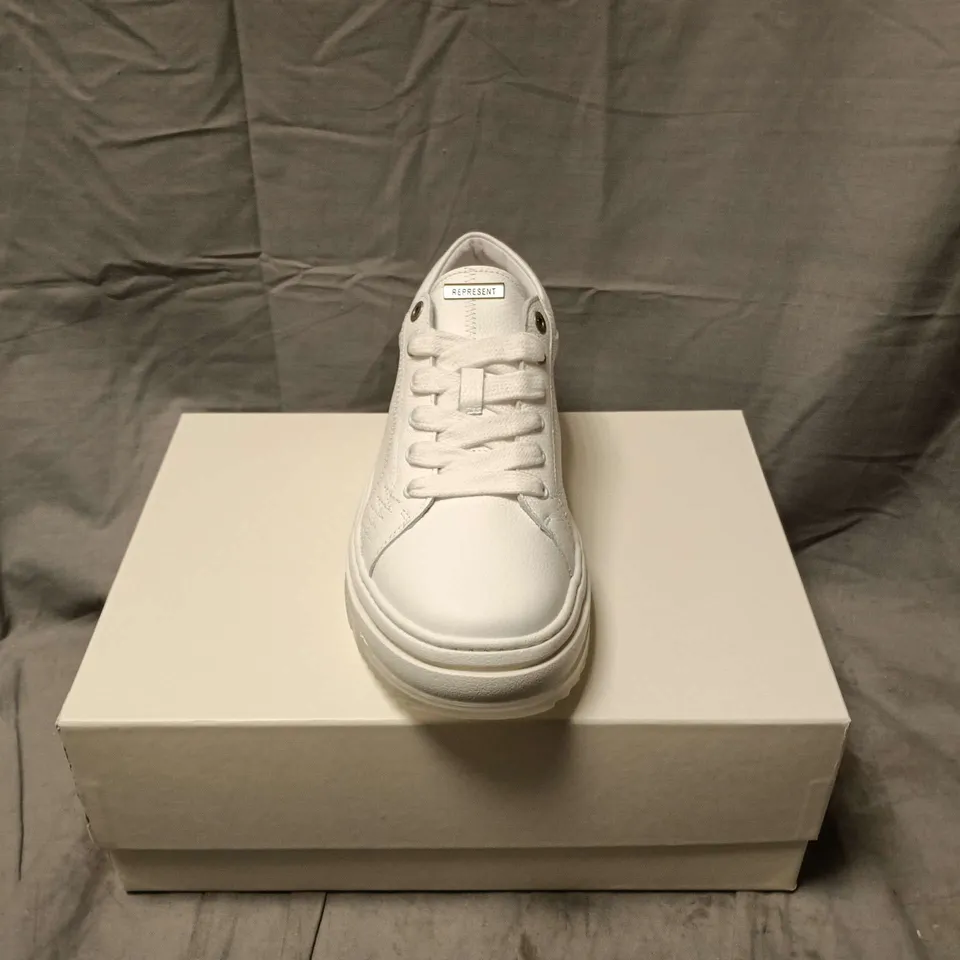 BOXED PAIR OF REPRESENT TUMBLE MIX LEATHER TRAINERS IN FLAT WHITE - UK 10