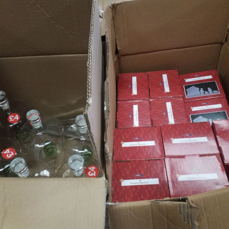 PALLET CONTAINING ASSORTED CHRISTMAS PRODUCTS & DECORATIONS INCLUDING CERAMIC NATIVITY SETS, CLEAR BOTTLES WITH TREES & WOODEN CRATES